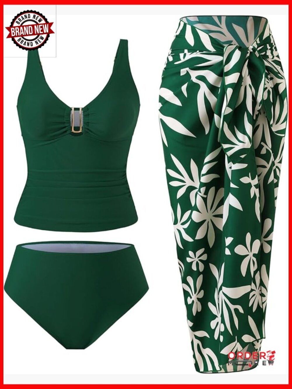 3 Piece Tankini Set High Waist Swim Shorts Wrap Skirt Cover Up Tummy Control